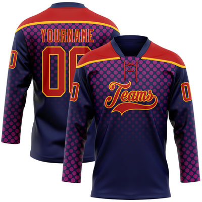 Custom Red Navy-Gold Abstract Gradient Halftone Pattern Hockey Lace Neck Jersey