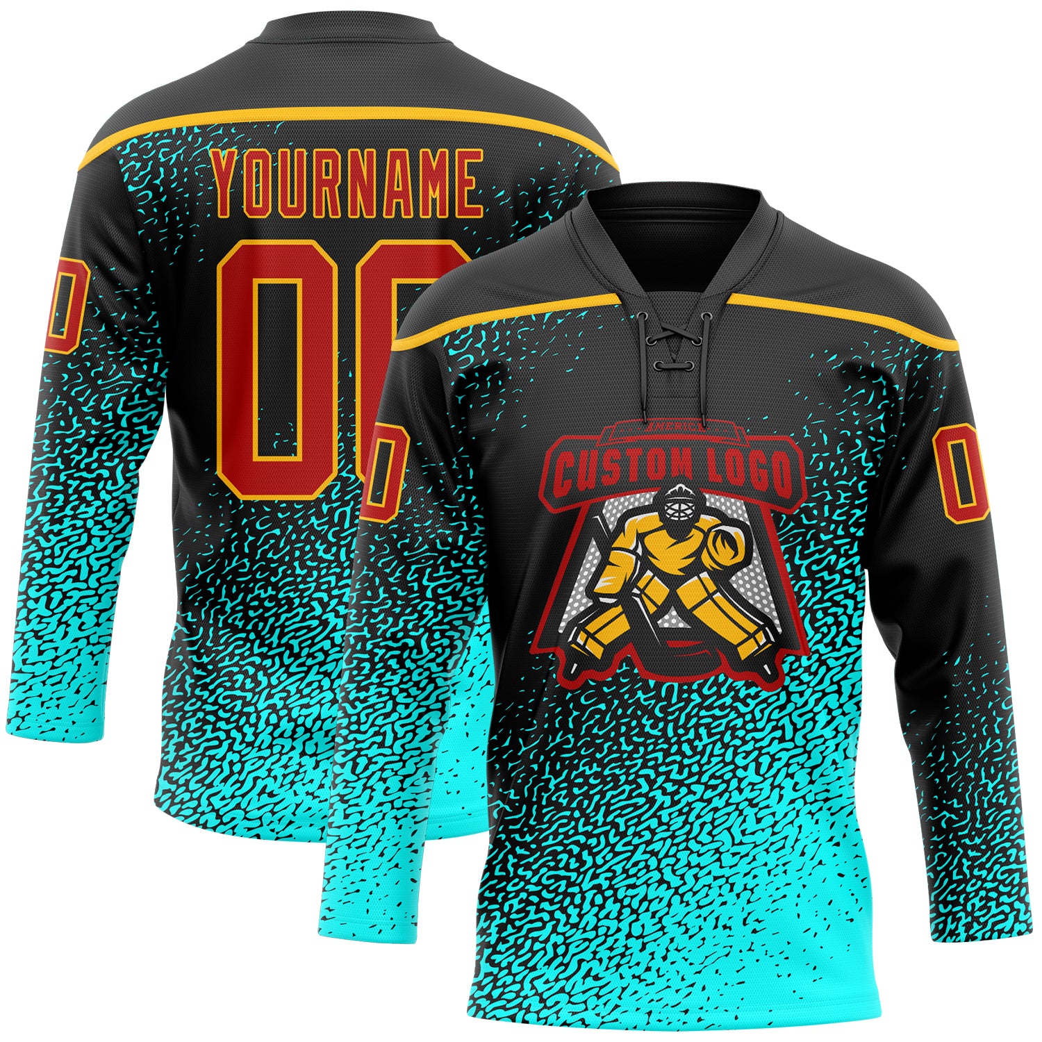 Custom Black Red Blue-Gold Abstract Gradient Halftone Pattern Hockey Lace Neck Jersey