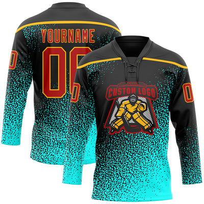 Custom Black Red Blue-Gold Abstract Gradient Halftone Pattern Hockey Lace Neck Jersey