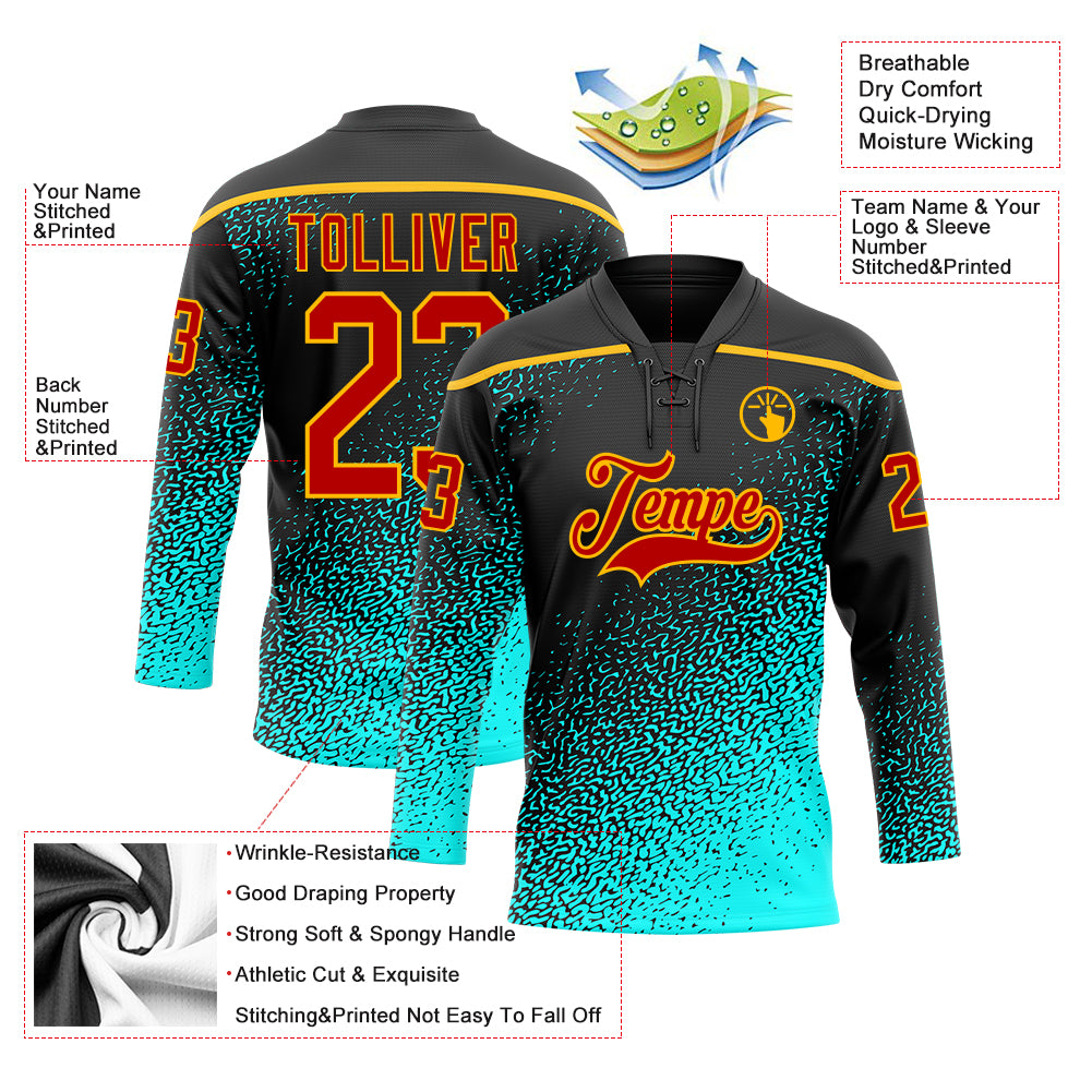 Custom Black Red Blue-Gold Abstract Gradient Halftone Pattern Hockey Lace Neck Jersey