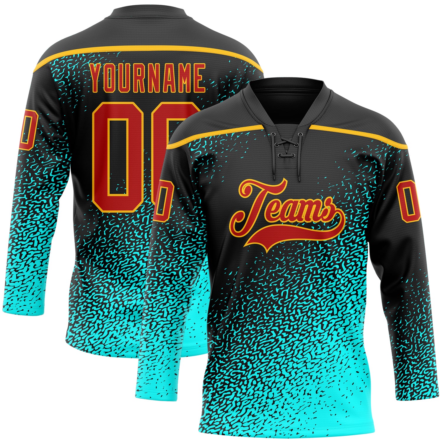 Custom Black Red Blue-Gold Abstract Gradient Halftone Pattern Hockey Lace Neck Jersey