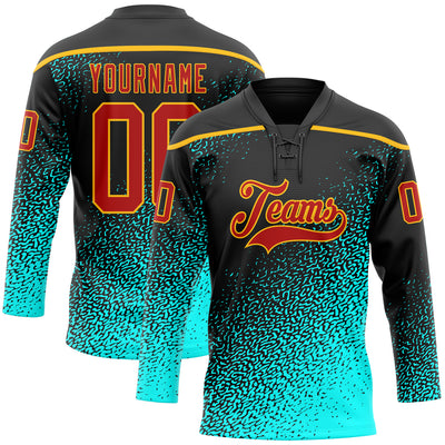 Custom Black Red Blue-Gold Abstract Gradient Halftone Pattern Hockey Lace Neck Jersey