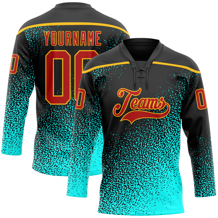 Custom Black Red Blue-Gold Abstract Gradient Halftone Pattern Hockey Lace Neck Jersey