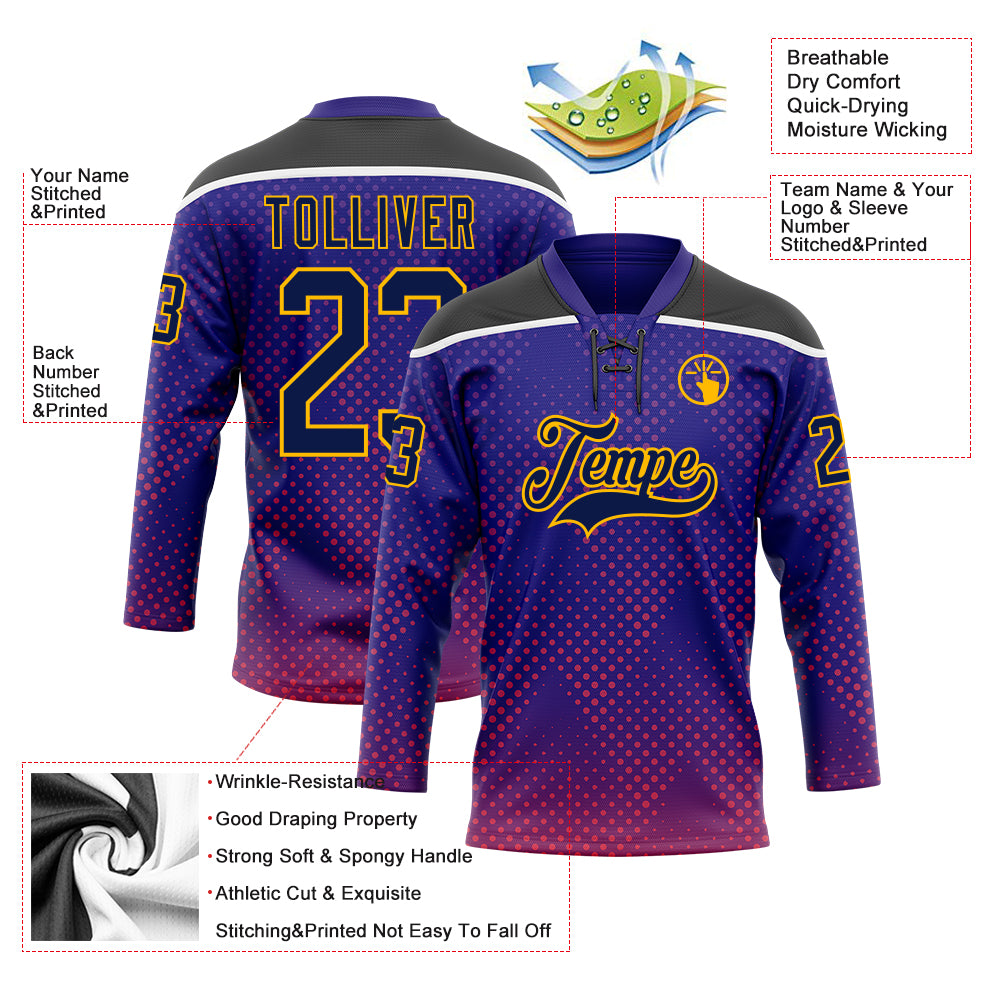 Custom Dark Purple Navy Gold Red Black-White Abstract Gradient Halftone Pattern Hockey Lace Neck Jersey