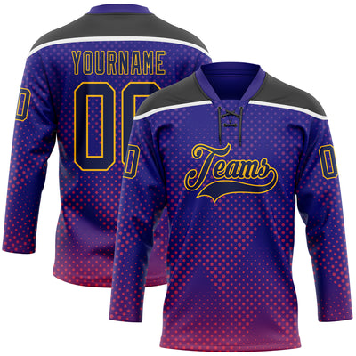 Custom Dark Purple Navy Gold Red Black-White Abstract Gradient Halftone Pattern Hockey Lace Neck Jersey