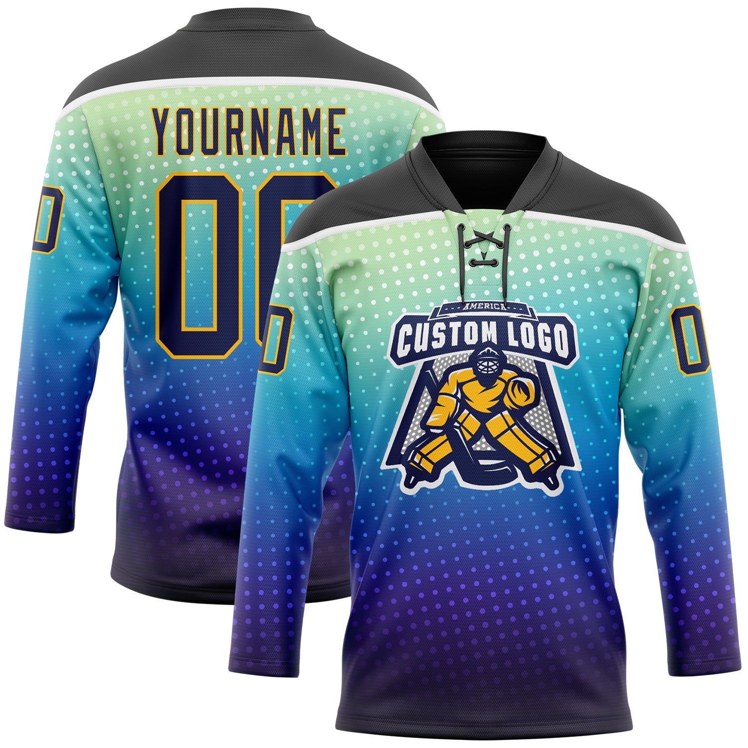 Custom Black Navy Blue Gold-White Abstract Gradient Halftone Pattern Hockey Lace Neck Jersey