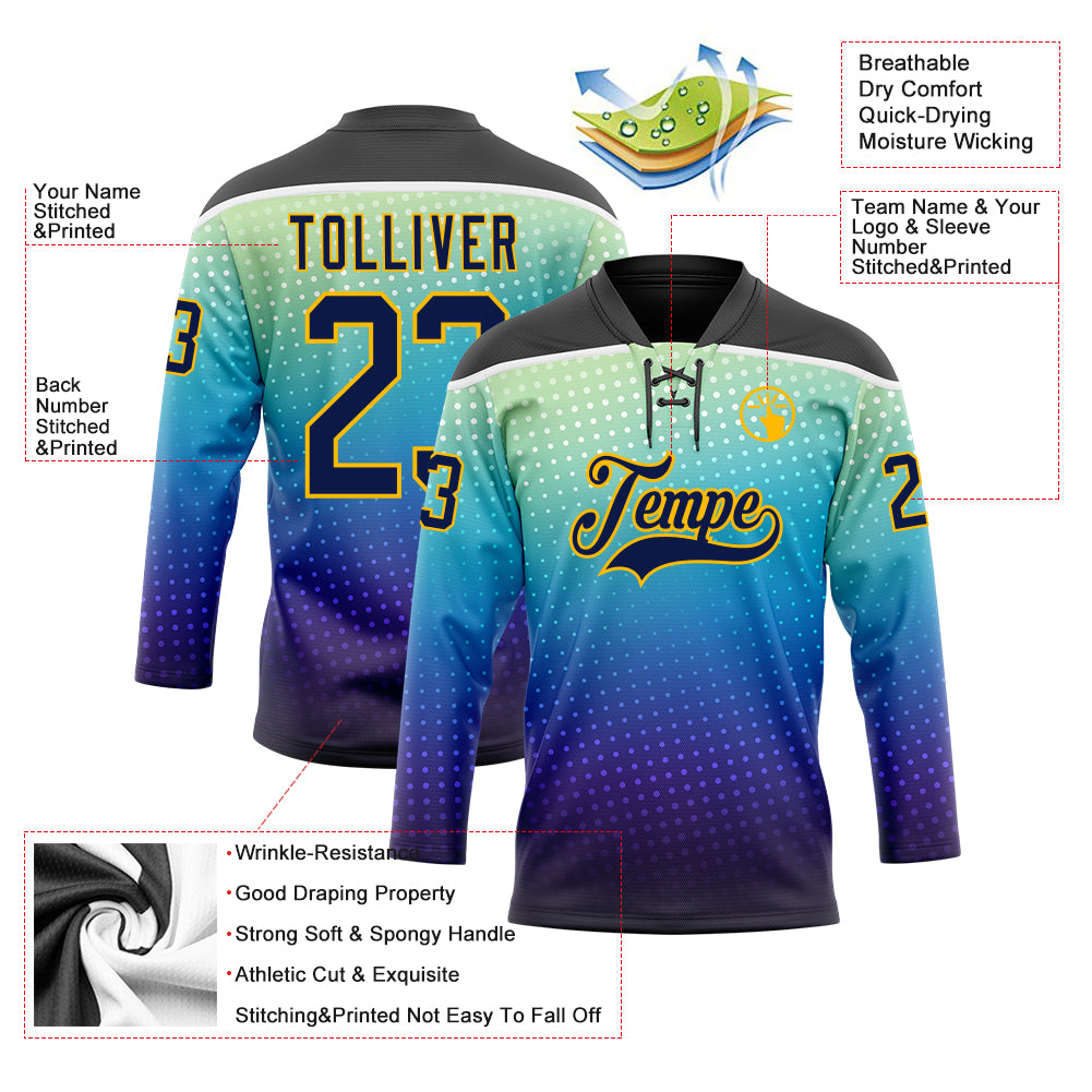 Custom Black Navy Blue Gold-White Abstract Gradient Halftone Pattern Hockey Lace Neck Jersey