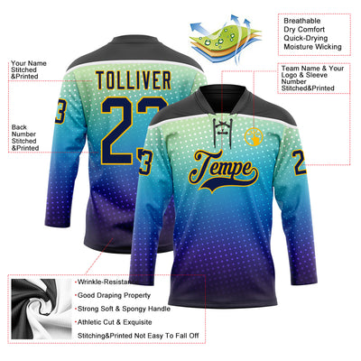 Custom Black Navy Blue Gold-White Abstract Gradient Halftone Pattern Hockey Lace Neck Jersey