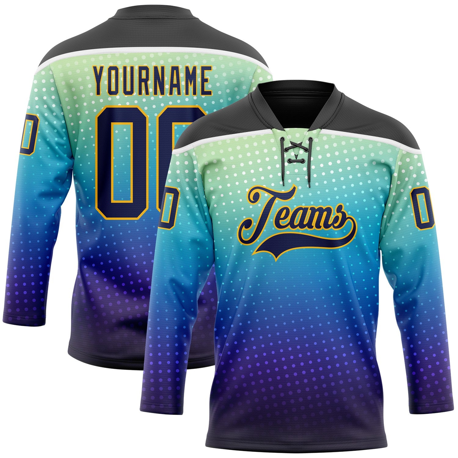 Custom Black Navy Blue Gold-White Abstract Gradient Halftone Pattern Hockey Lace Neck Jersey