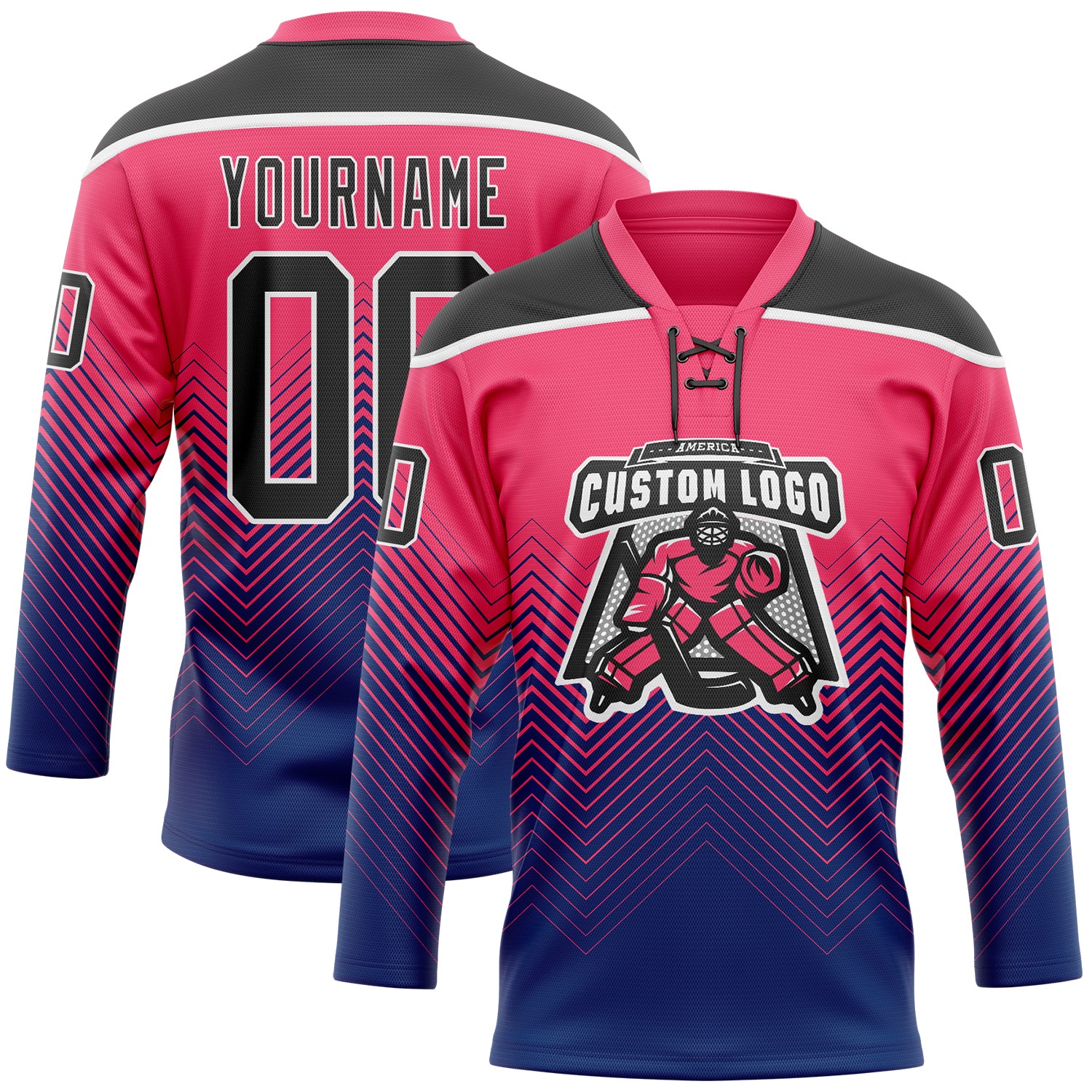 Custom Neon Pink Black Blue-White Abstract Gradient Halftone Pattern Hockey Lace Neck Jersey