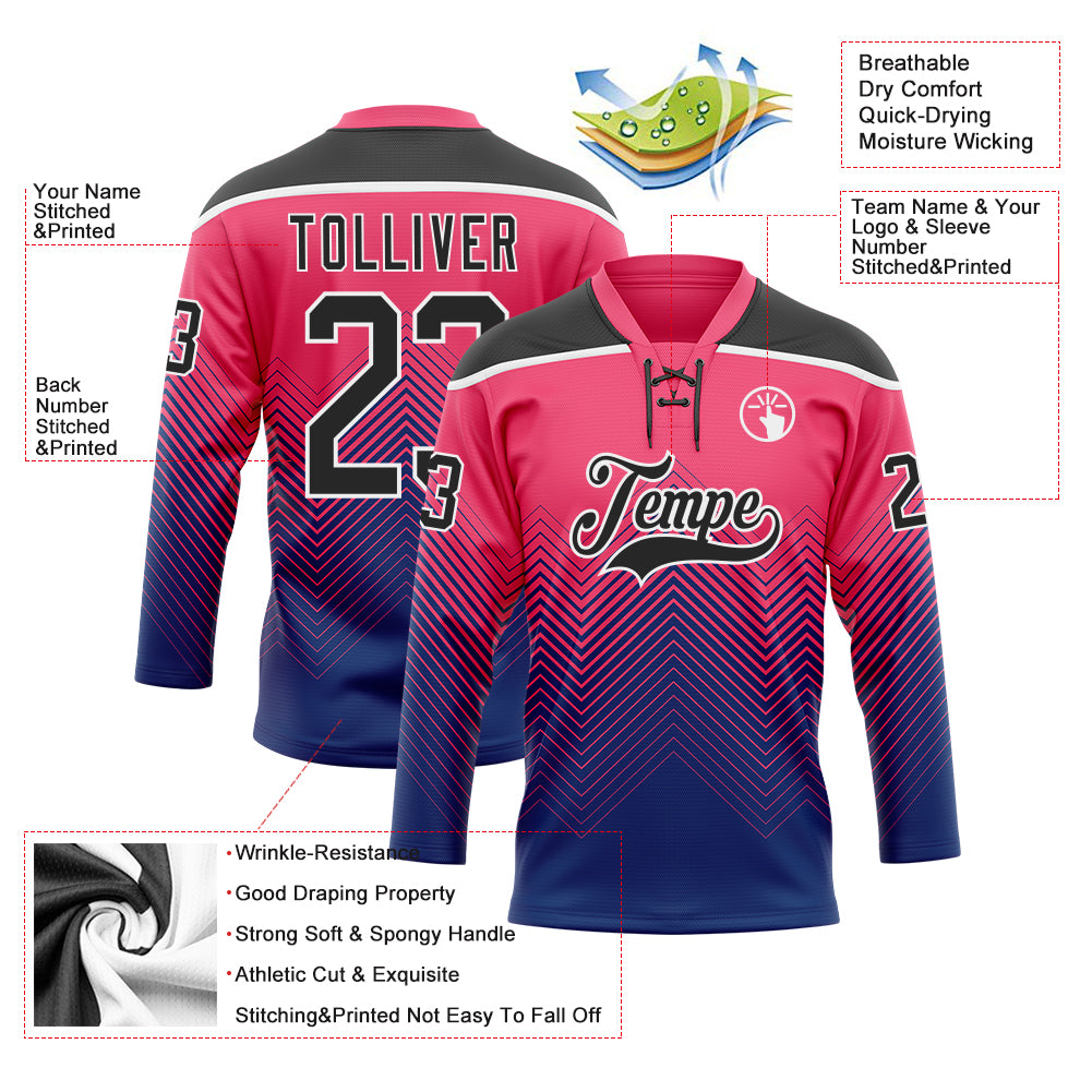 Custom Neon Pink Black Blue-White Abstract Gradient Halftone Pattern Hockey Lace Neck Jersey