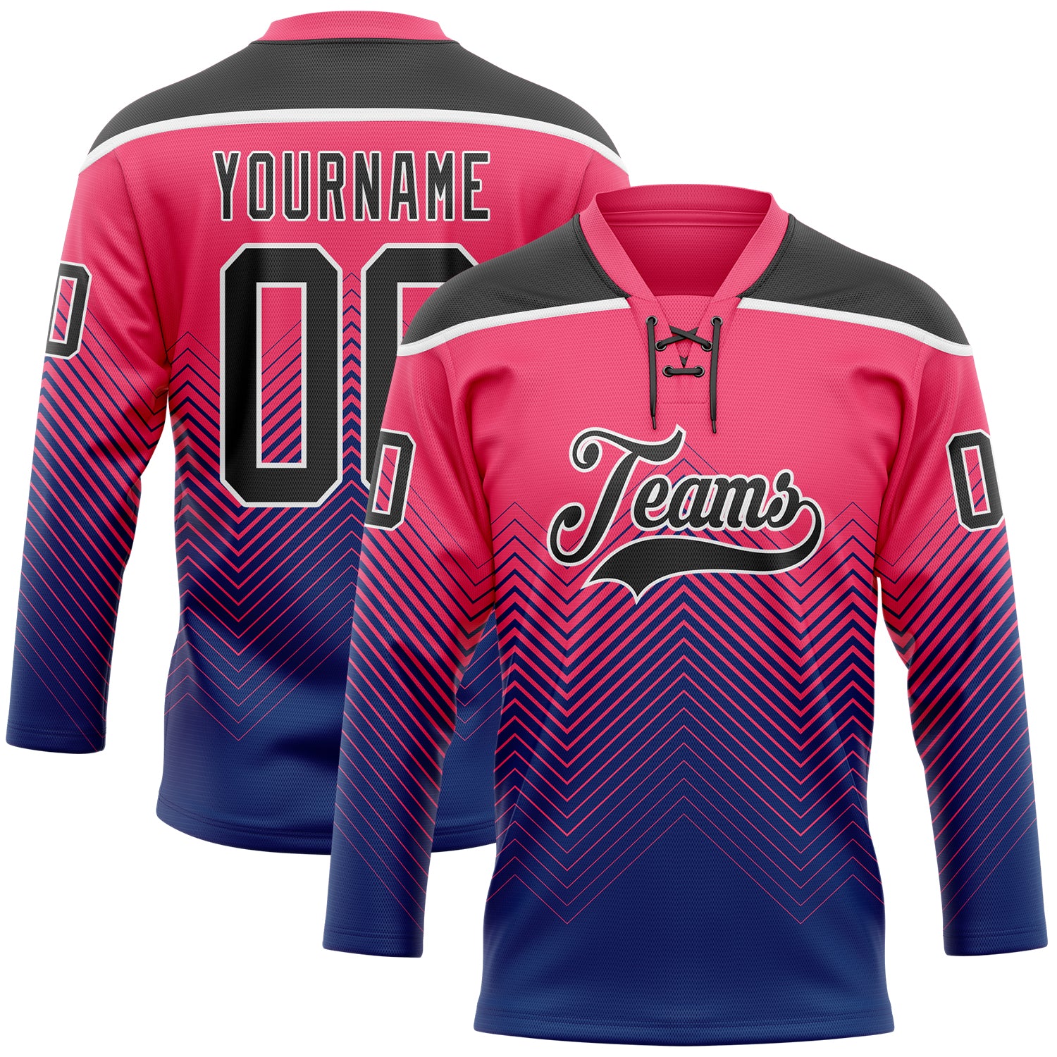 Custom Neon Pink Black Blue-White Abstract Gradient Halftone Pattern Hockey Lace Neck Jersey