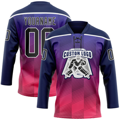 Custom Navy Black Red-White Abstract Gradient Halftone Pattern Hockey Lace Neck Jersey