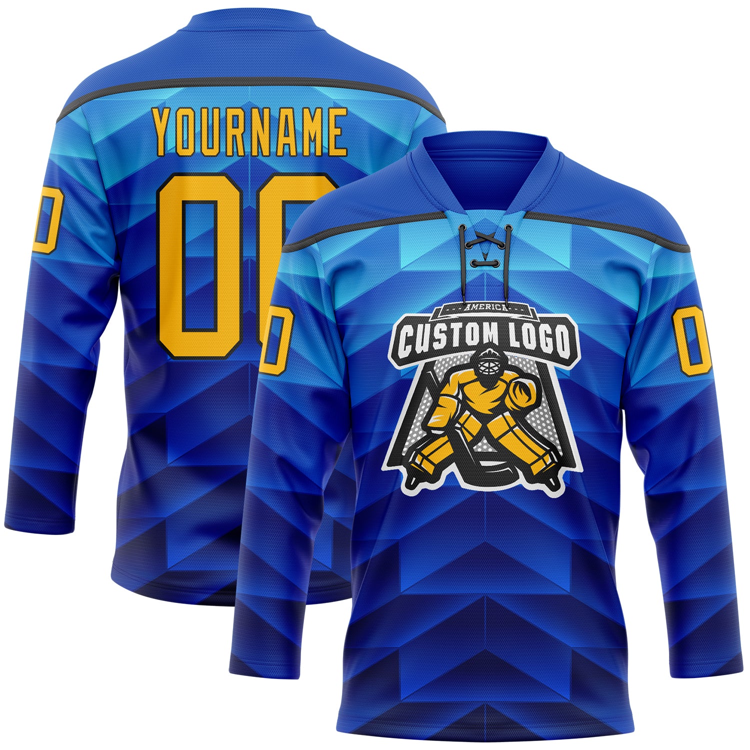 Custom Blue Gold-Black Abstract Gradient Halftone Pattern Hockey Lace Neck Jersey