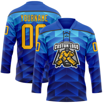 Custom Blue Gold-Black Abstract Gradient Halftone Pattern Hockey Lace Neck Jersey