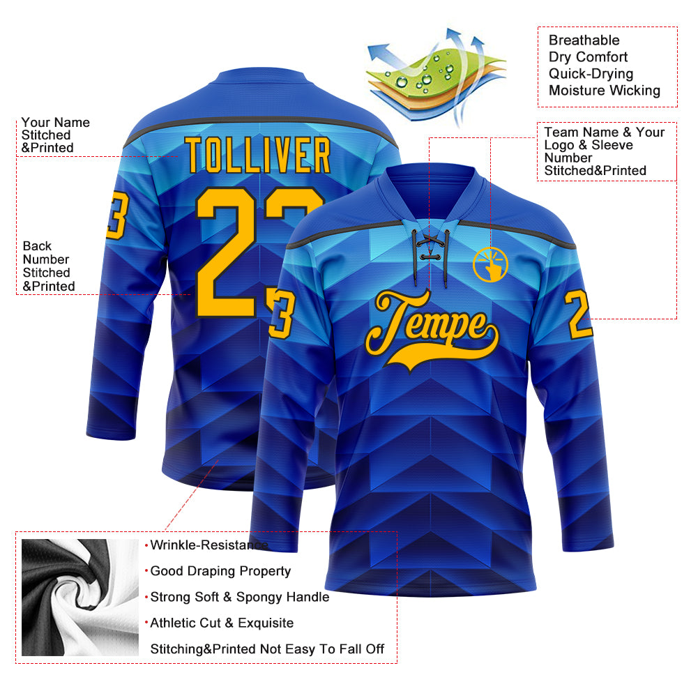 Custom Blue Gold-Black Abstract Gradient Halftone Pattern Hockey Lace Neck Jersey
