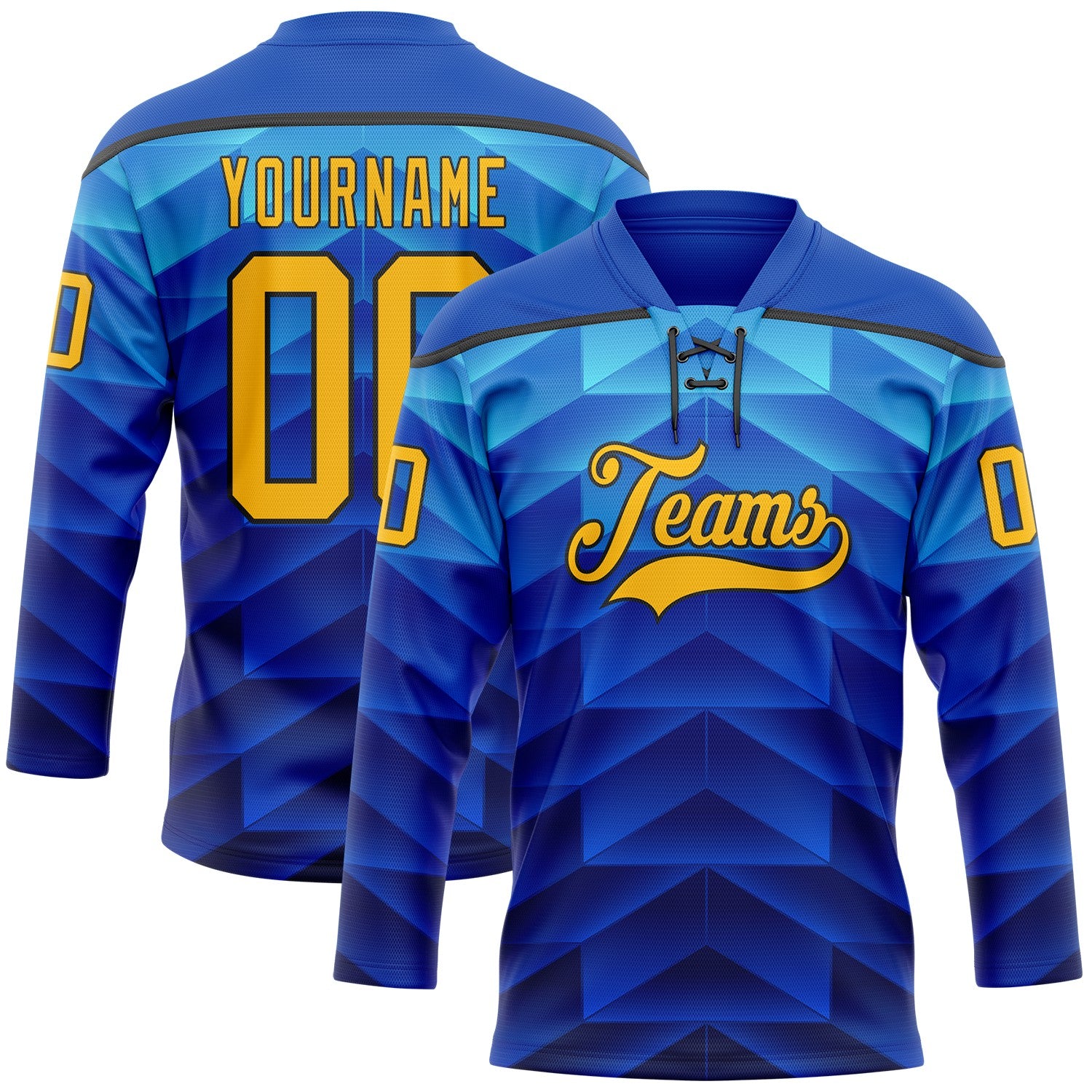 Custom Blue Gold-Black Abstract Gradient Halftone Pattern Hockey Lace Neck Jersey