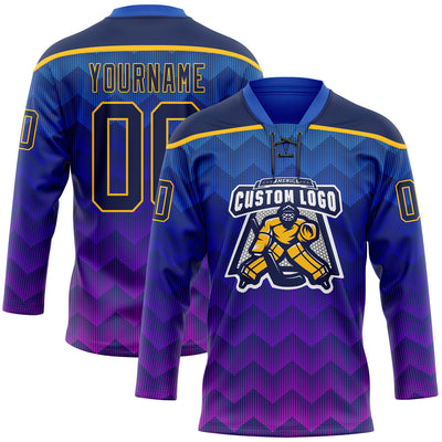 Custom Blue Navy Purple-Gold Abstract Gradient Halftone Pattern Hockey Lace Neck Jersey