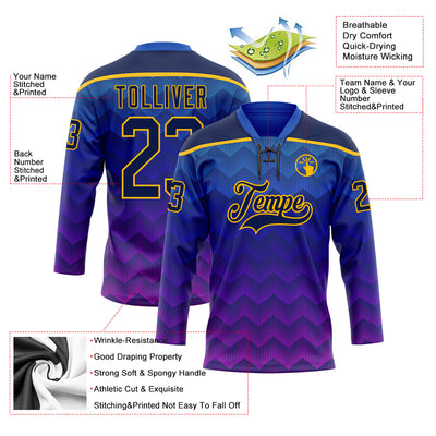 Custom Blue Navy Purple-Gold Abstract Gradient Halftone Pattern Hockey Lace Neck Jersey