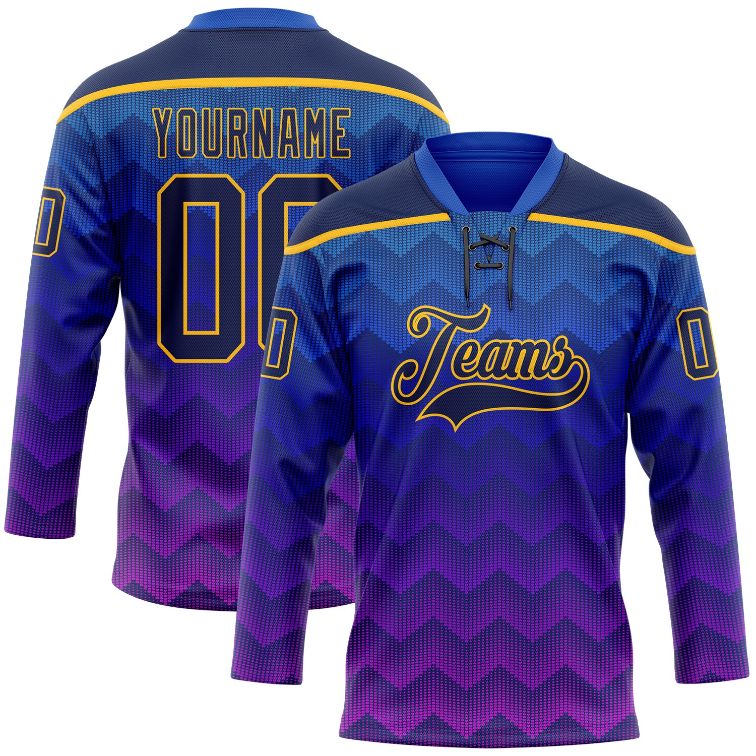 Custom Blue Navy Purple-Gold Abstract Gradient Halftone Pattern Hockey Lace Neck Jersey