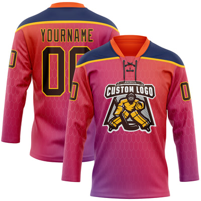 Custom Orange Brown Red Navy-Gold Abstract Gradient Halftone Pattern Hockey Lace Neck Jersey
