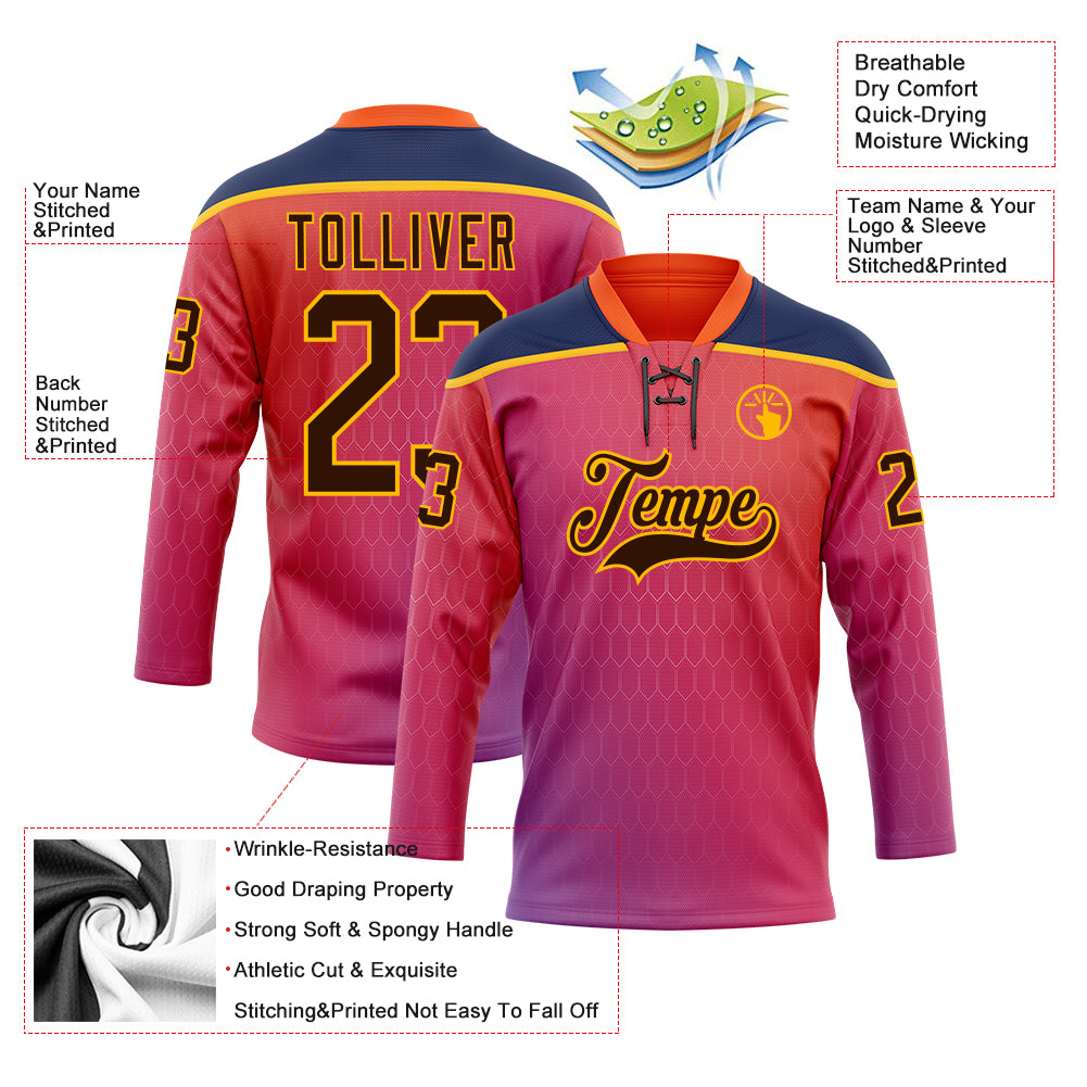 Custom Orange Brown Red Navy-Gold Abstract Gradient Halftone Pattern Hockey Lace Neck Jersey