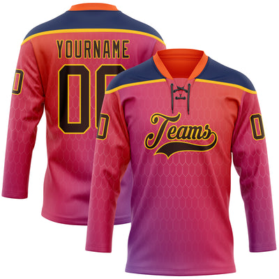 Custom Orange Brown Red Navy-Gold Abstract Gradient Halftone Pattern Hockey Lace Neck Jersey