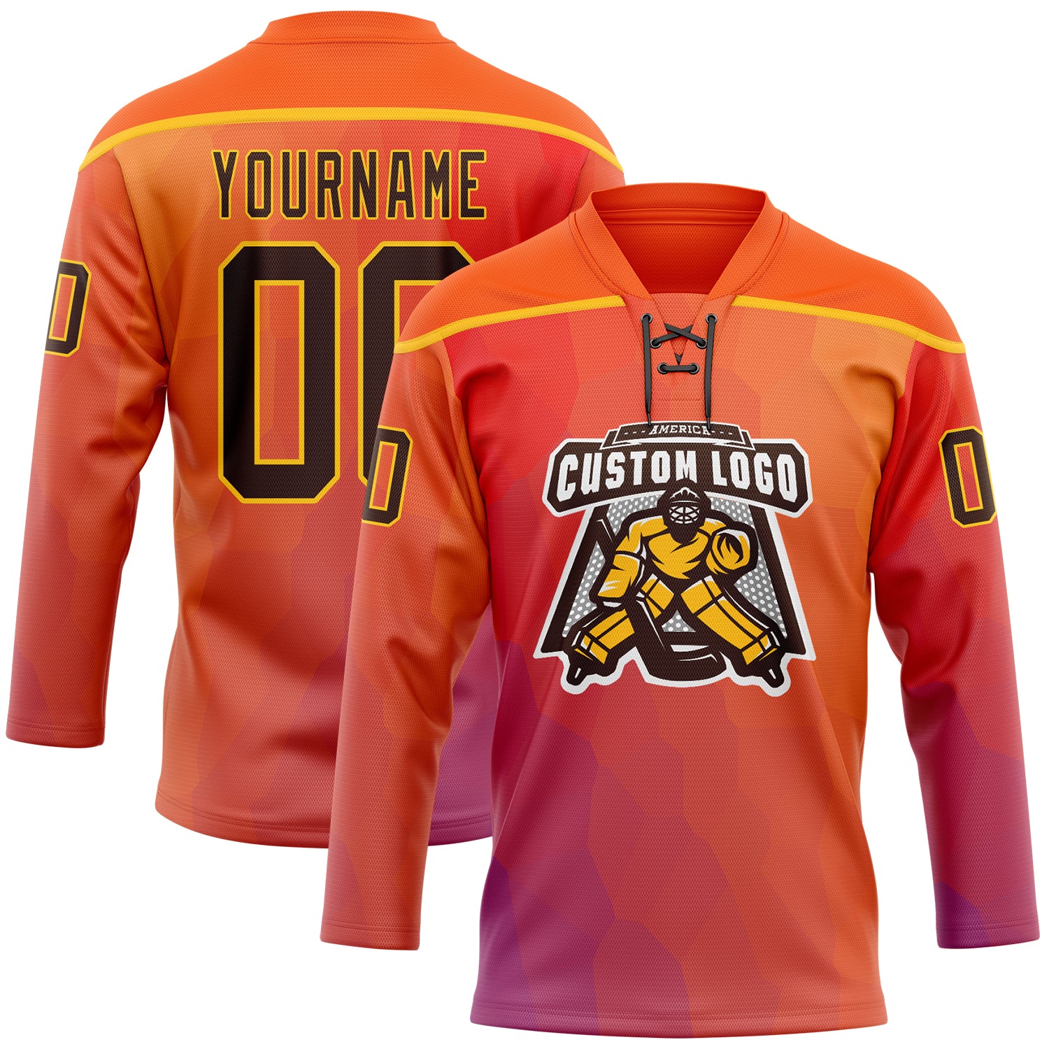 Custom Orange Brown Red Navy-Gold Abstract Gradient Halftone Pattern Hockey Lace Neck Jersey