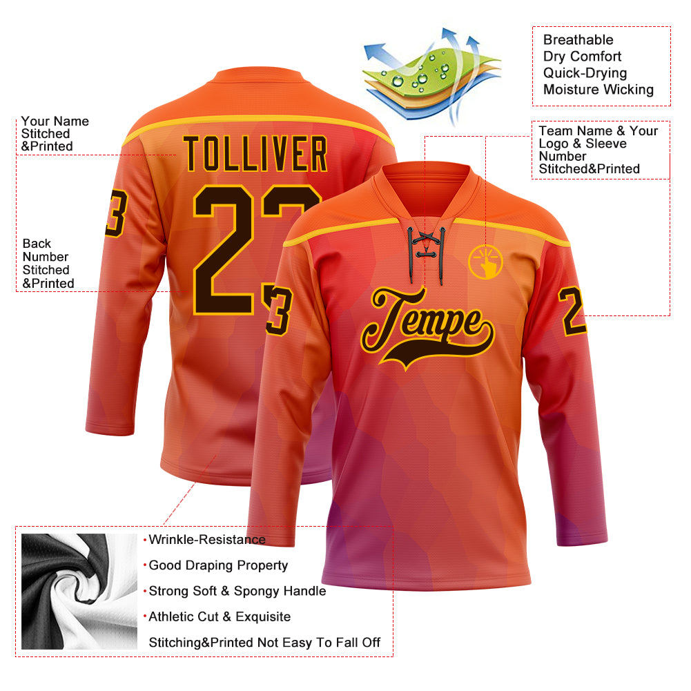Custom Orange Brown Red Navy-Gold Abstract Gradient Halftone Pattern Hockey Lace Neck Jersey