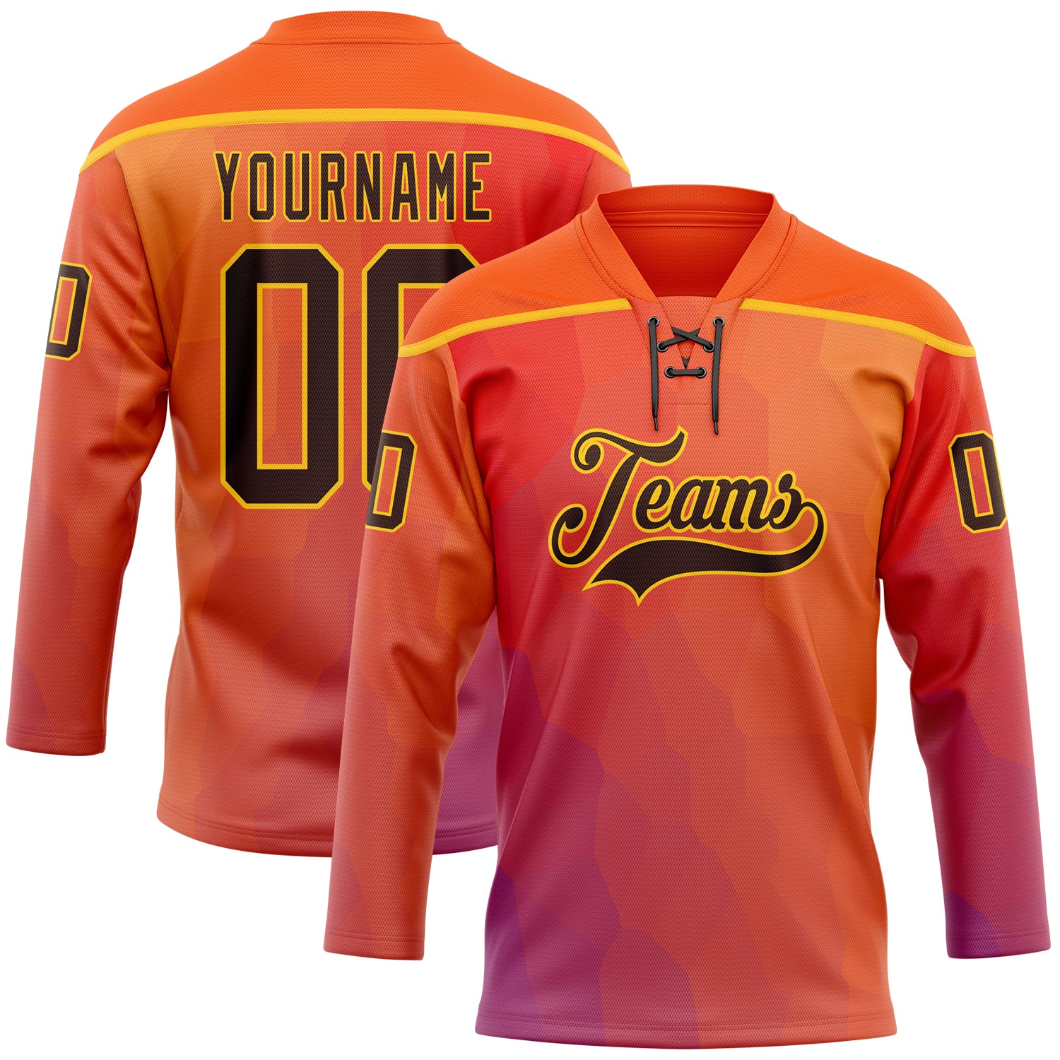 Custom Orange Brown Red Navy-Gold Abstract Gradient Halftone Pattern Hockey Lace Neck Jersey