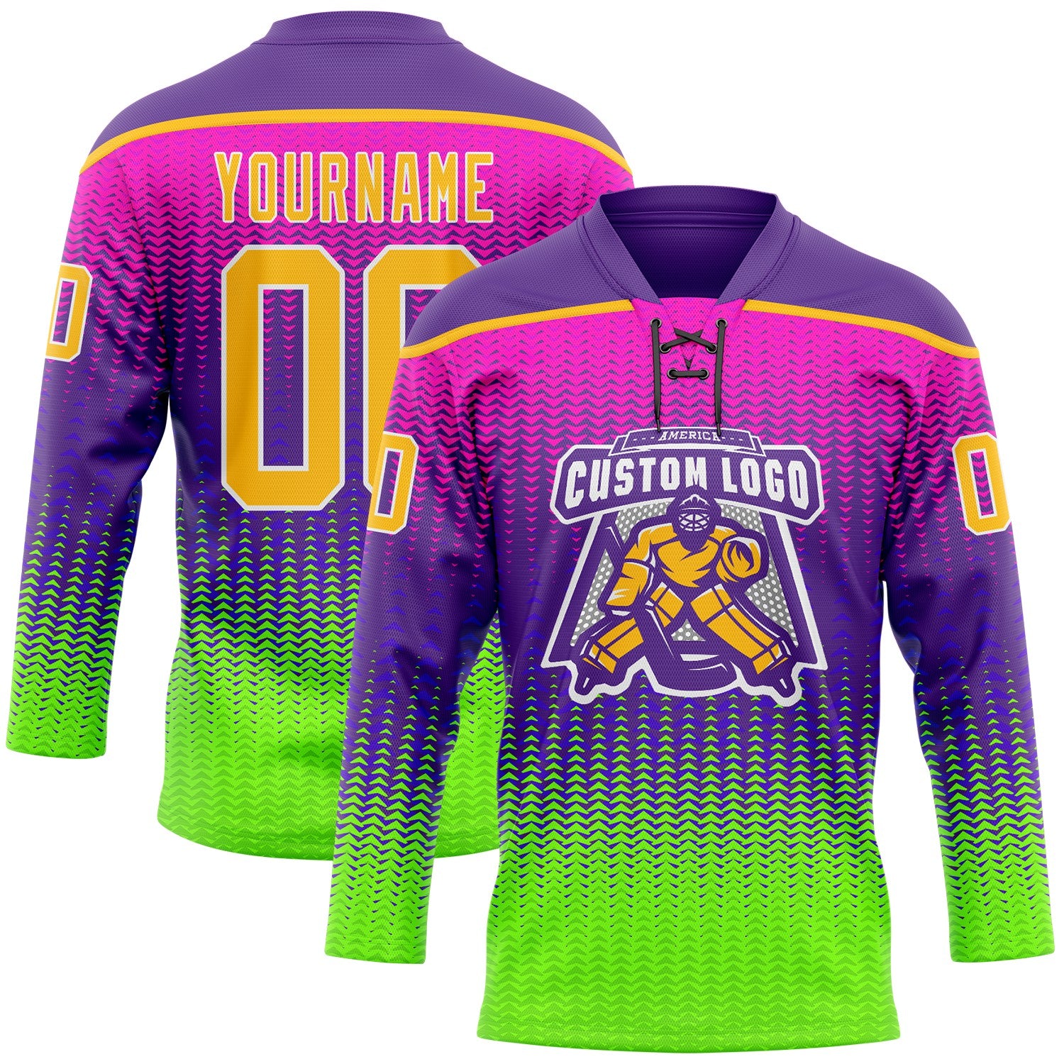 Custom Purple Gold Green-White Abstract Gradient Halftone Pattern Hockey Lace Neck Jersey