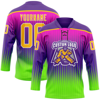 Custom Purple Gold Green-White Abstract Gradient Halftone Pattern Hockey Lace Neck Jersey