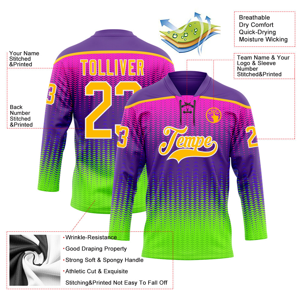 Custom Purple Gold Green-White Abstract Gradient Halftone Pattern Hockey Lace Neck Jersey