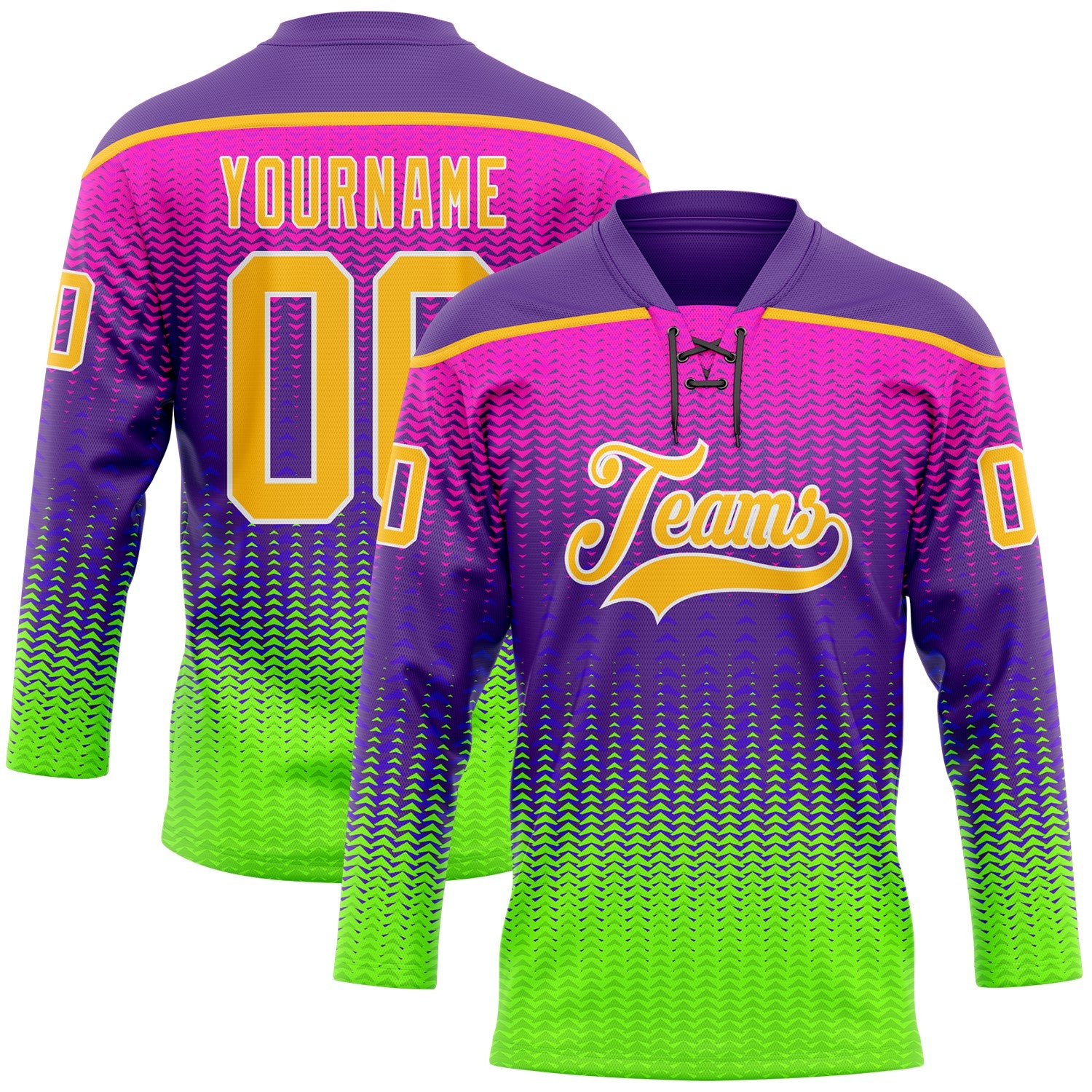 Custom Purple Gold Green-White Abstract Gradient Halftone Pattern Hockey Lace Neck Jersey