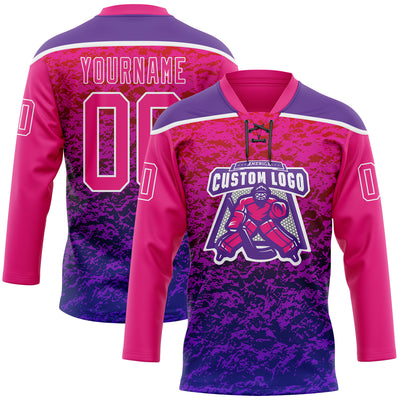 Custom Hot Pink Purple-White Abstract Gradient Halftone Pattern Hockey Lace Neck Jersey