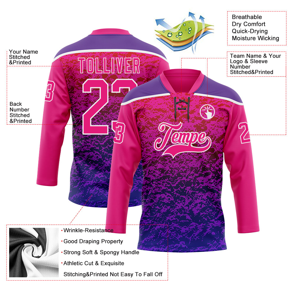 Custom Hot Pink Purple-White Abstract Gradient Halftone Pattern Hockey Lace Neck Jersey