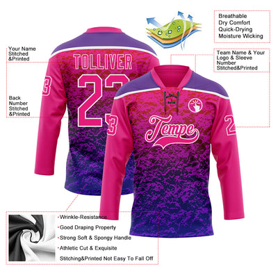 Custom Hot Pink Purple-White Abstract Gradient Halftone Pattern Hockey Lace Neck Jersey
