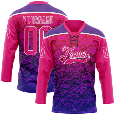 Custom Hot Pink Purple-White Abstract Gradient Halftone Pattern Hockey Lace Neck Jersey