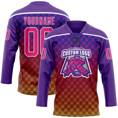 Custom Purple Hot Pink Old Gold-White Abstract Gradient Halftone Pattern Hockey Lace Neck Jersey