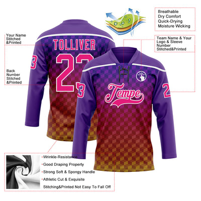 Custom Purple Hot Pink Old Gold-White Abstract Gradient Halftone Pattern Hockey Lace Neck Jersey