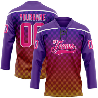 Custom Purple Hot Pink Old Gold-White Abstract Gradient Halftone Pattern Hockey Lace Neck Jersey