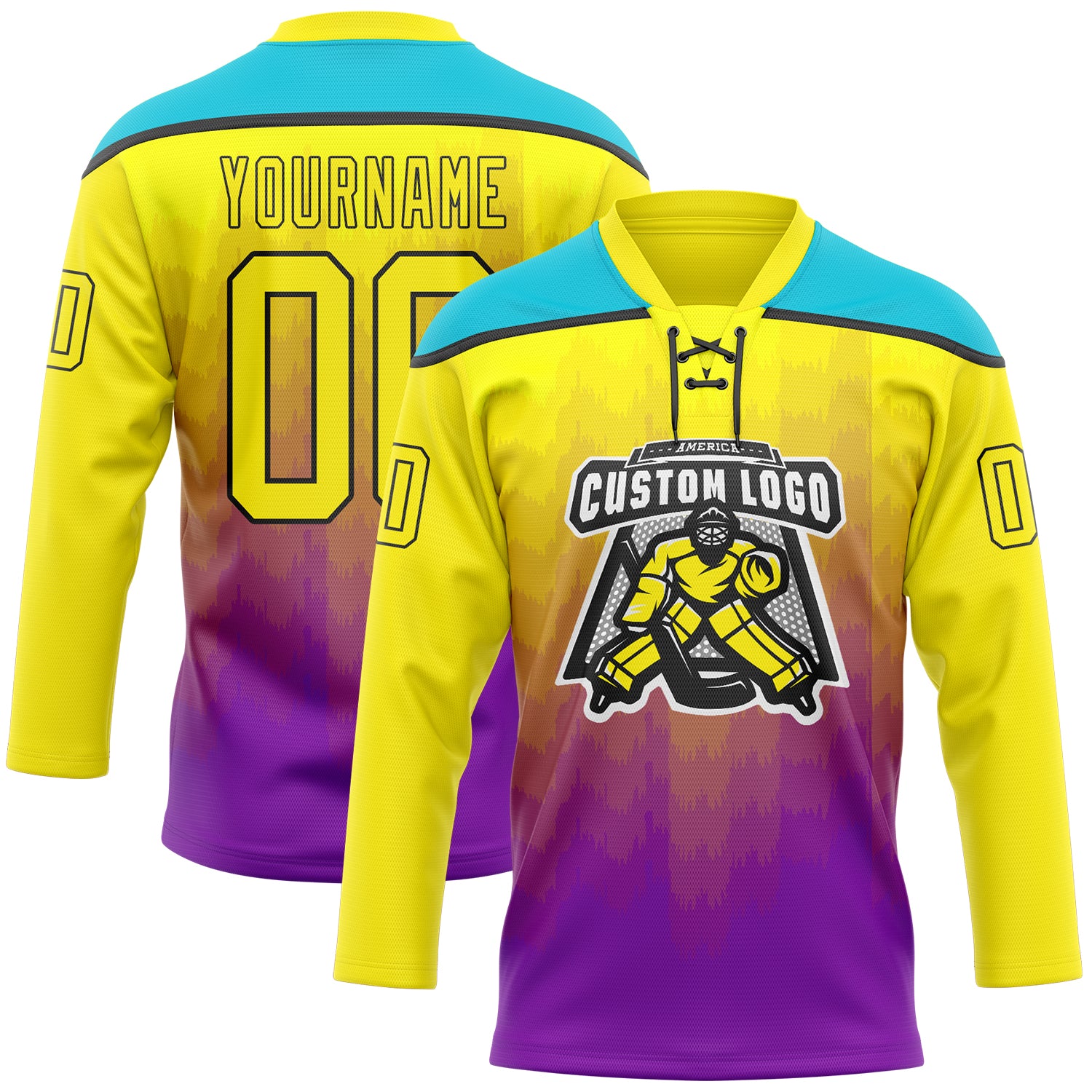 Custom Light Yellow Purple Lakes Blue-Black Abstract Gradient Halftone Pattern Hockey Lace Neck Jersey