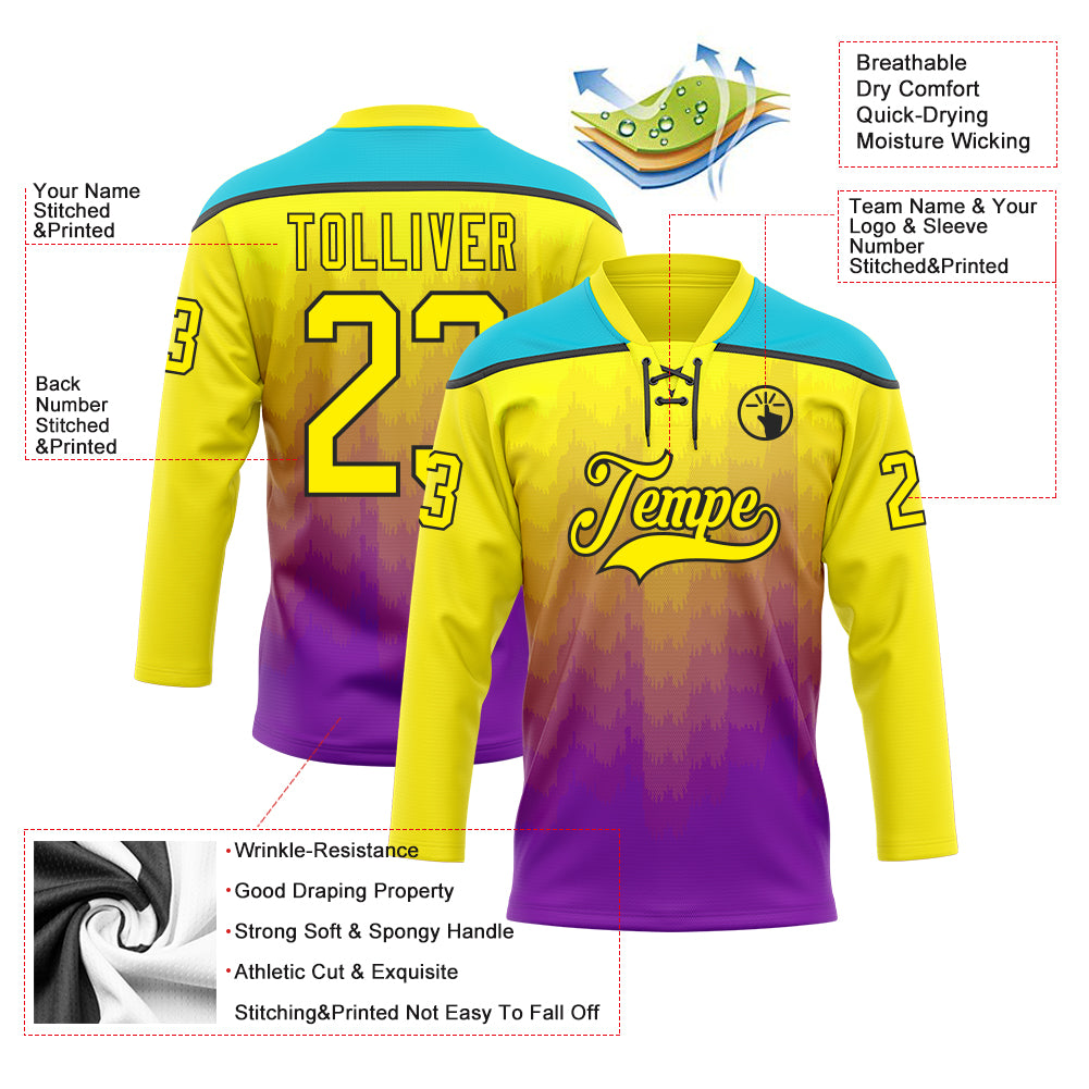 Custom Light Yellow Purple Lakes Blue-Black Abstract Gradient Halftone Pattern Hockey Lace Neck Jersey