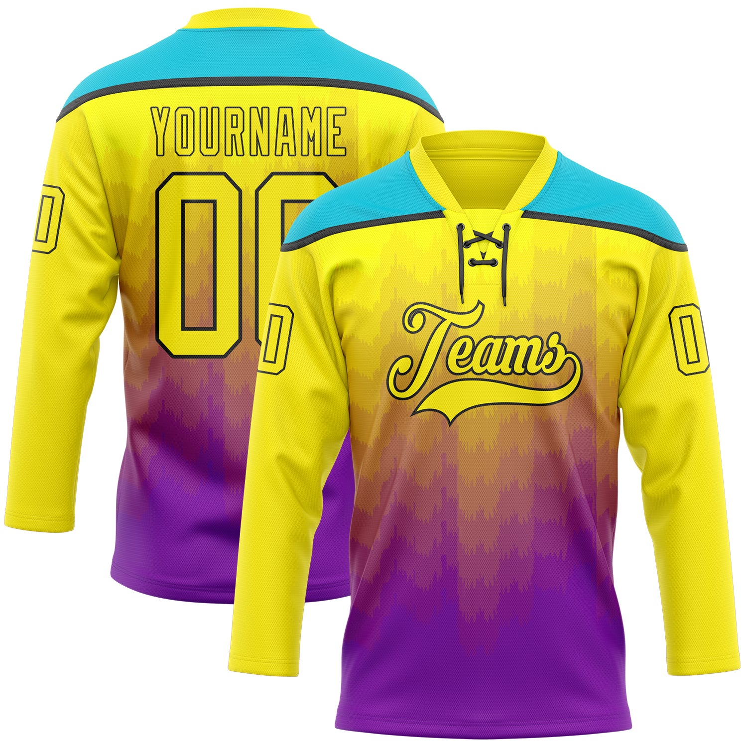 Custom Light Yellow Purple Lakes Blue-Black Abstract Gradient Halftone Pattern Hockey Lace Neck Jersey