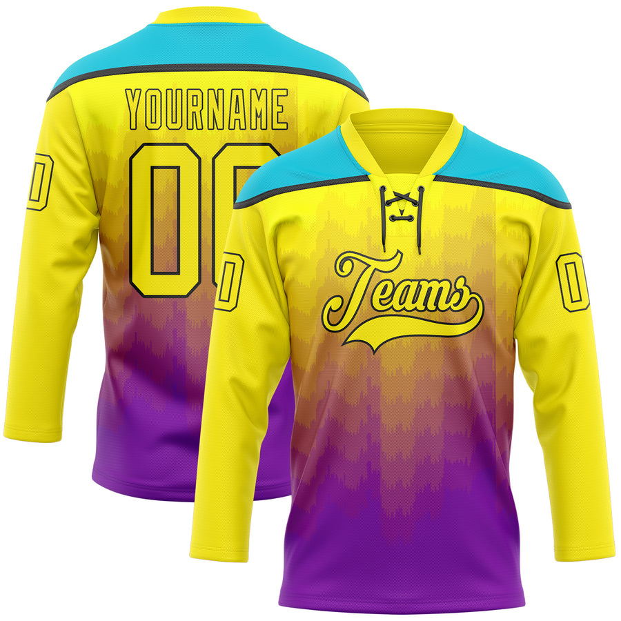 Custom Light Yellow Purple Lakes Blue-Black Abstract Gradient Halftone Pattern Hockey Lace Neck Jersey