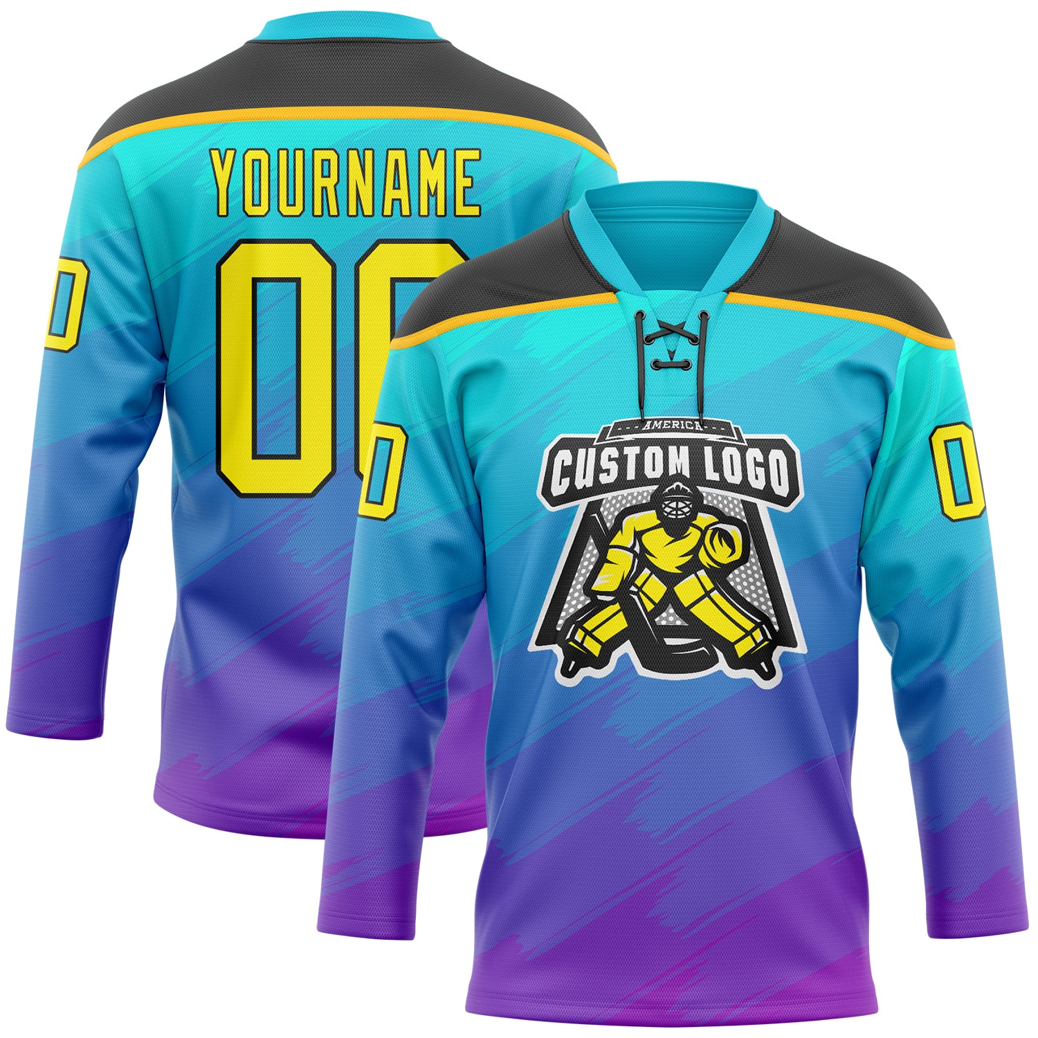 Custom Lakes Blue Light Yellow Purple Gold-Black Abstract Gradient Halftone Pattern Hockey Lace Neck Jersey