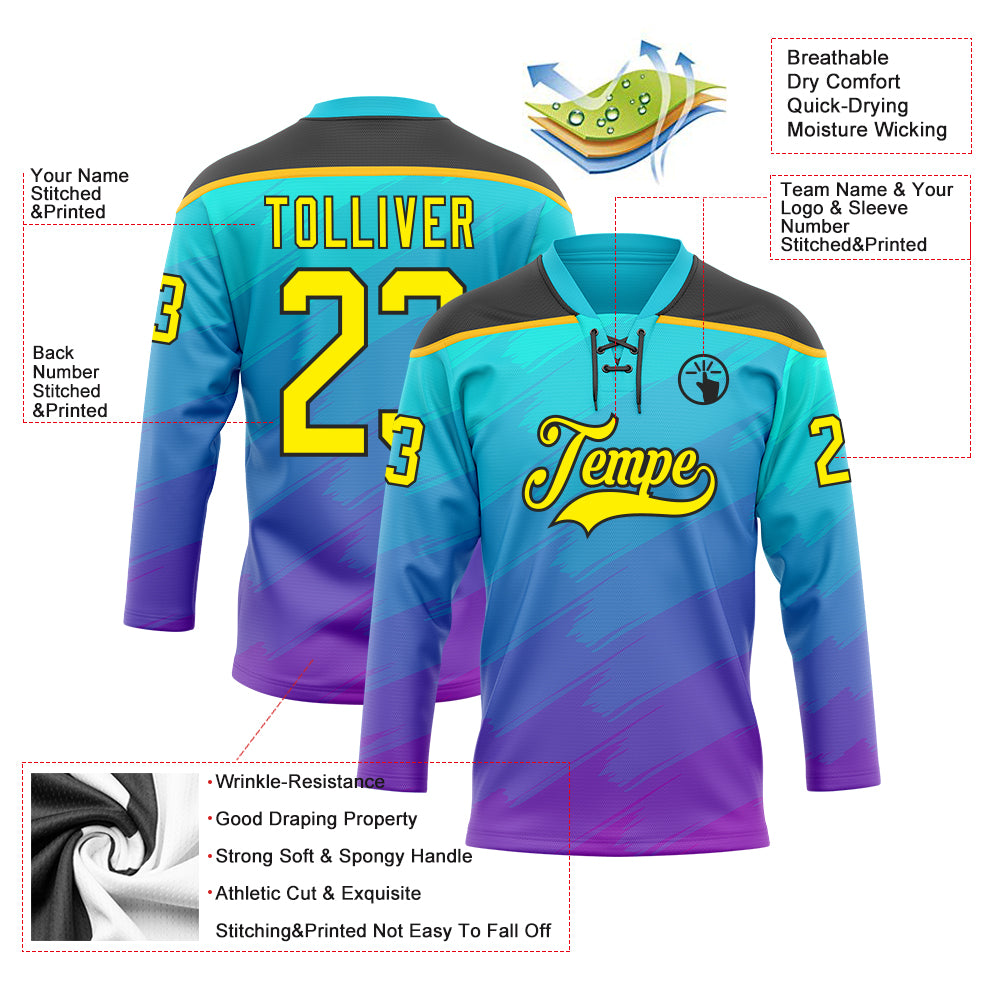 Custom Lakes Blue Light Yellow Purple Gold-Black Abstract Gradient Halftone Pattern Hockey Lace Neck Jersey