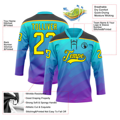 Custom Lakes Blue Light Yellow Purple Gold-Black Abstract Gradient Halftone Pattern Hockey Lace Neck Jersey