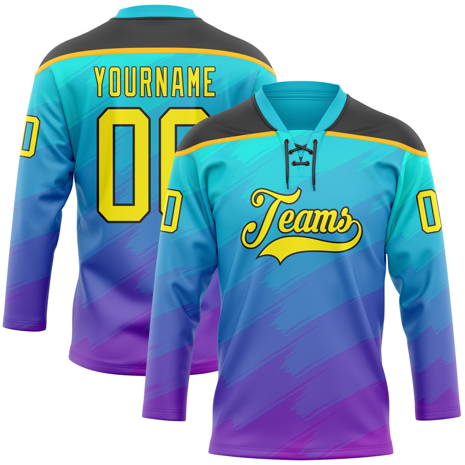 Custom Lakes Blue Light Yellow Purple Gold-Black Abstract Gradient Halftone Pattern Hockey Lace Neck Jersey