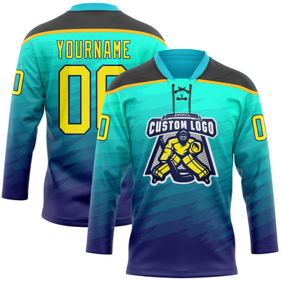 Custom Green Light Yellow Blue Black-Gold Abstract Gradient Halftone Pattern Hockey Lace Neck Jersey